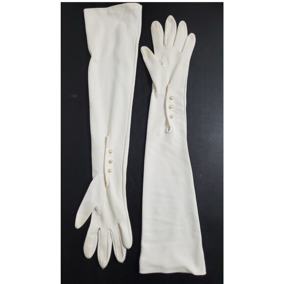 Vintage 1960's White Opera Length Gloves 21" with Pearl Button opening at wrist - Picture 1 of 7